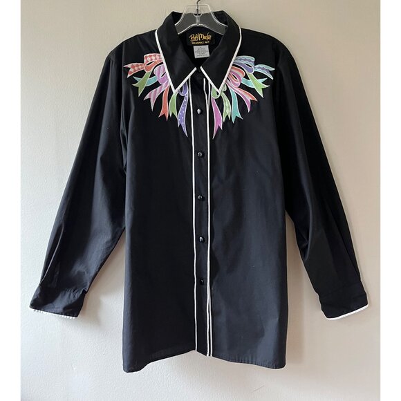 Bob Mackie Sz L Wearable Art Shirt Womens Black Embroidered Western Button Up - Picture 1 of 9